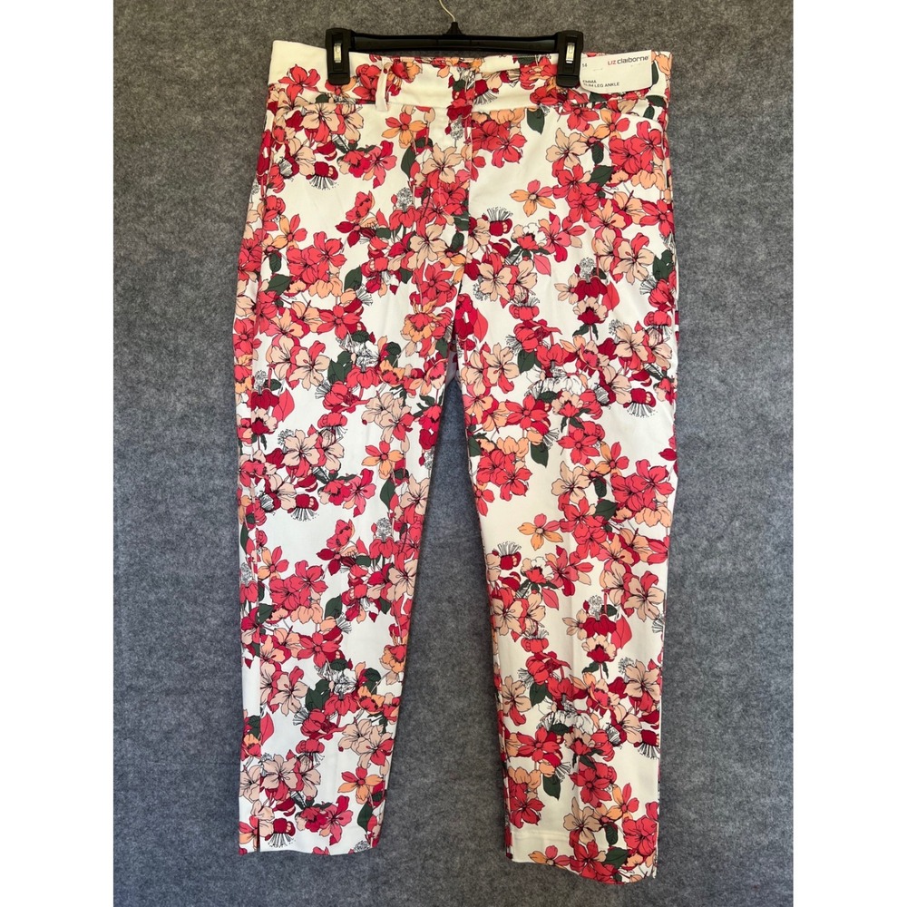 LIZ CLAIBORNE Emma Slim Leg Ankle Pants 14 White Floral Pink Orange Stretch NWT - Picture 2 of 16